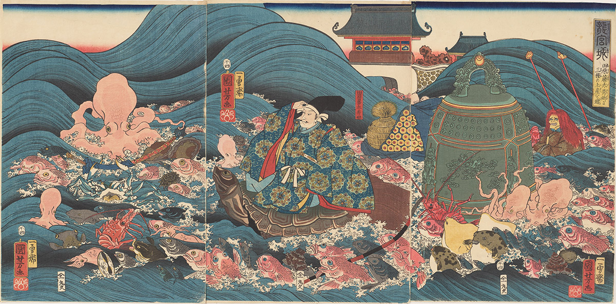Artwork depicting man riding on a turtle's back across the sea, with a bronze bell in tow.